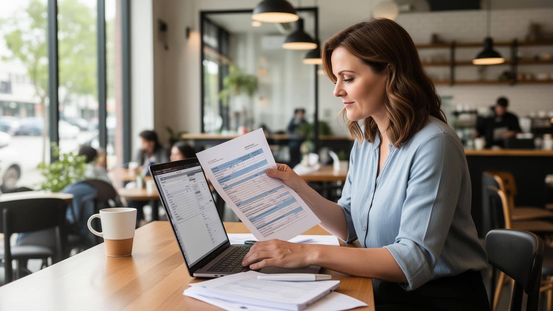 Small business owner reviewing BAS paperwork on a laptop