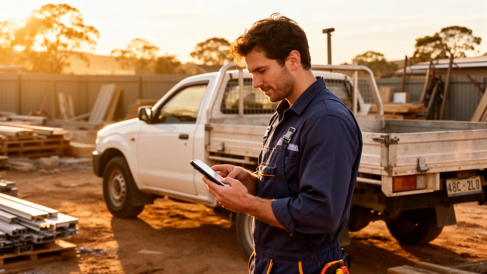 Australian tradie checking finances on a phone next to a ute