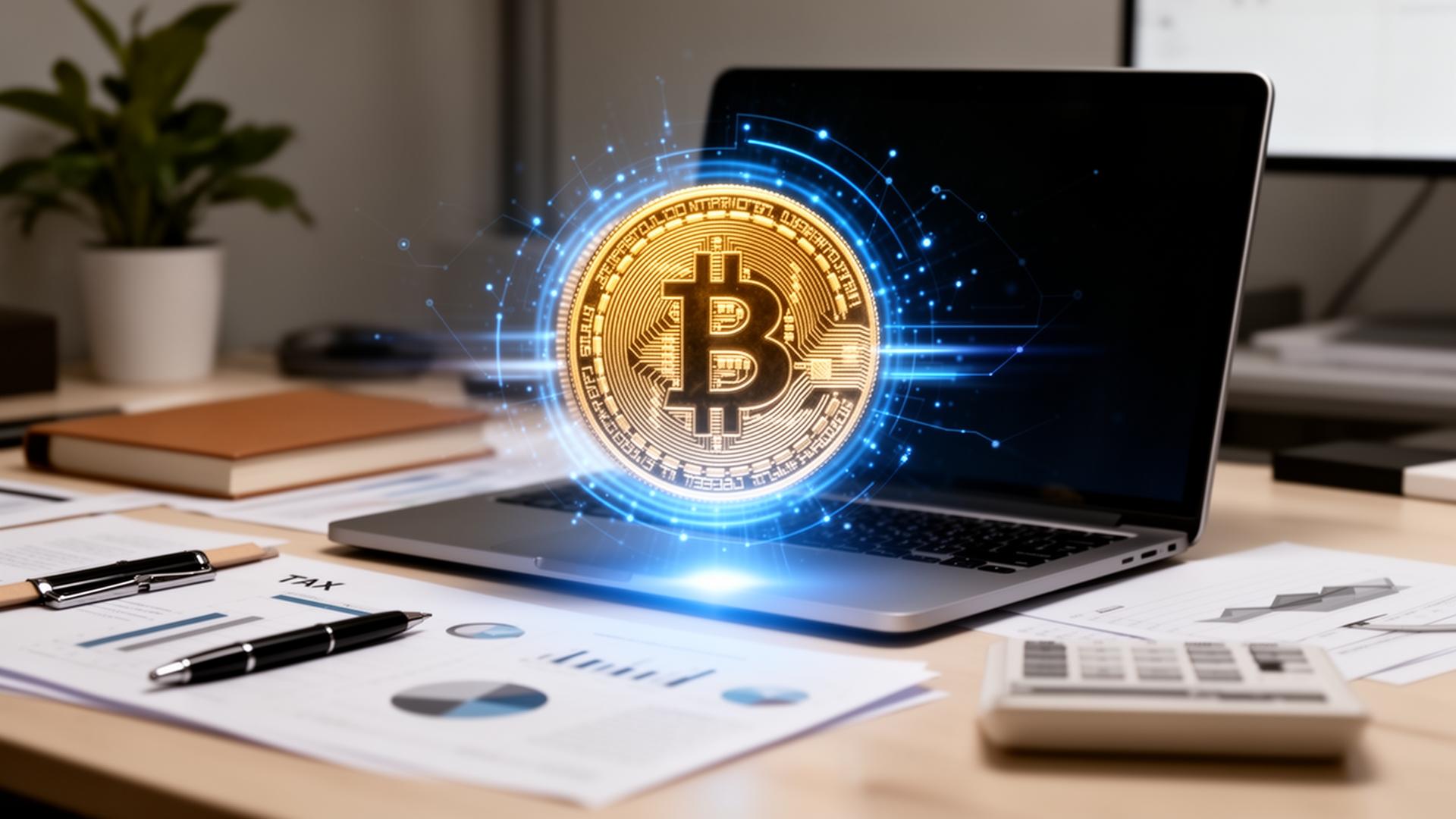 Cryptocurrency coin glowing above a laptop on a desk