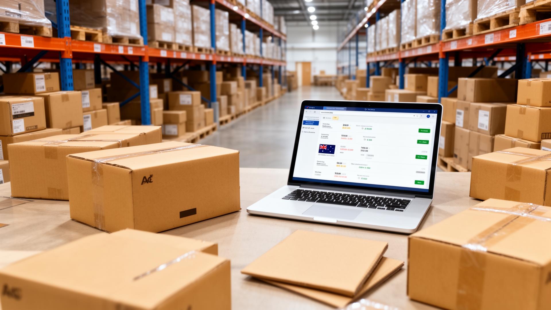 Ecommerce warehouse with parcels and a laptop showing orders