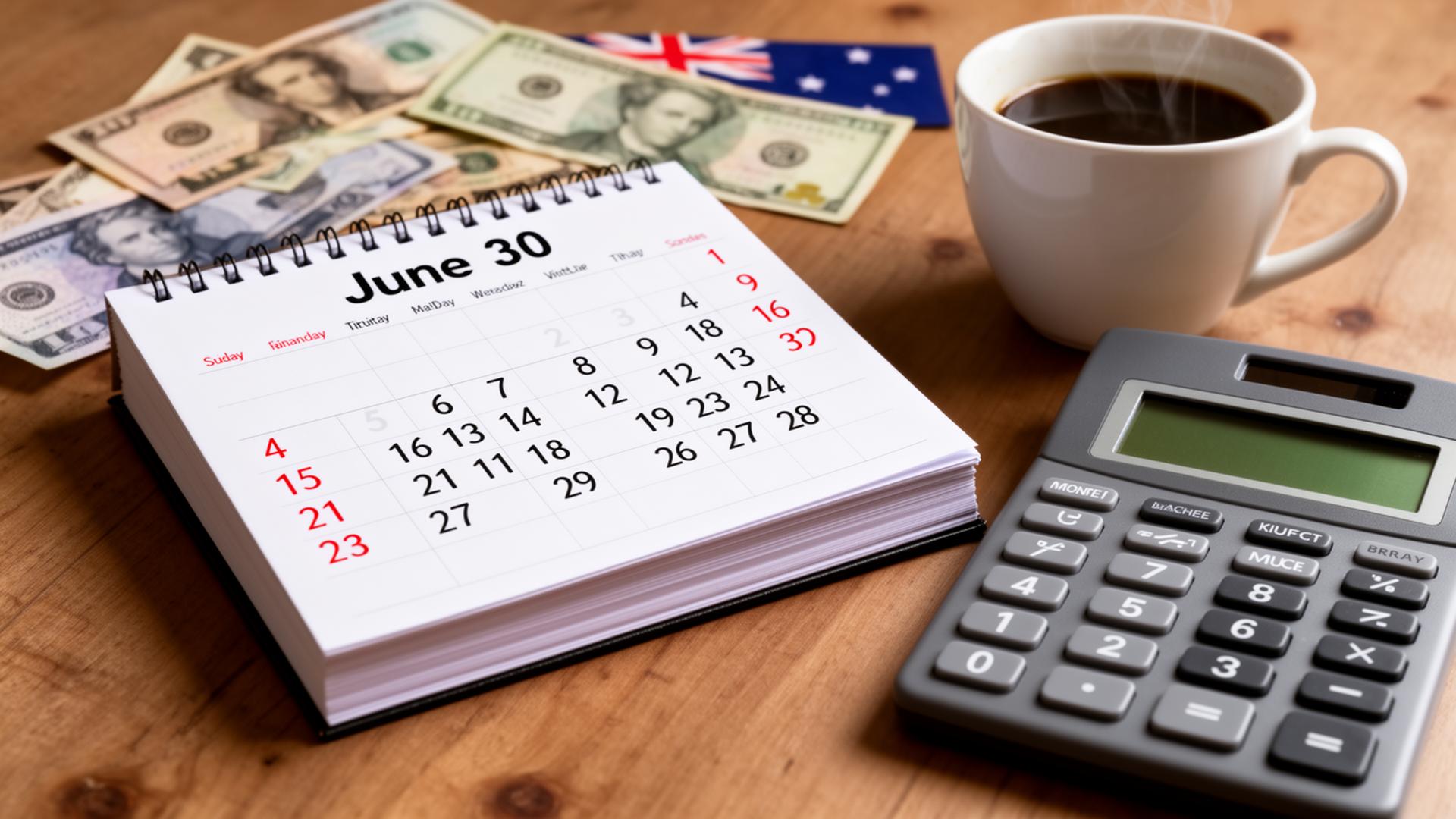 Calendar marked June 30 next to a calculator and coffee