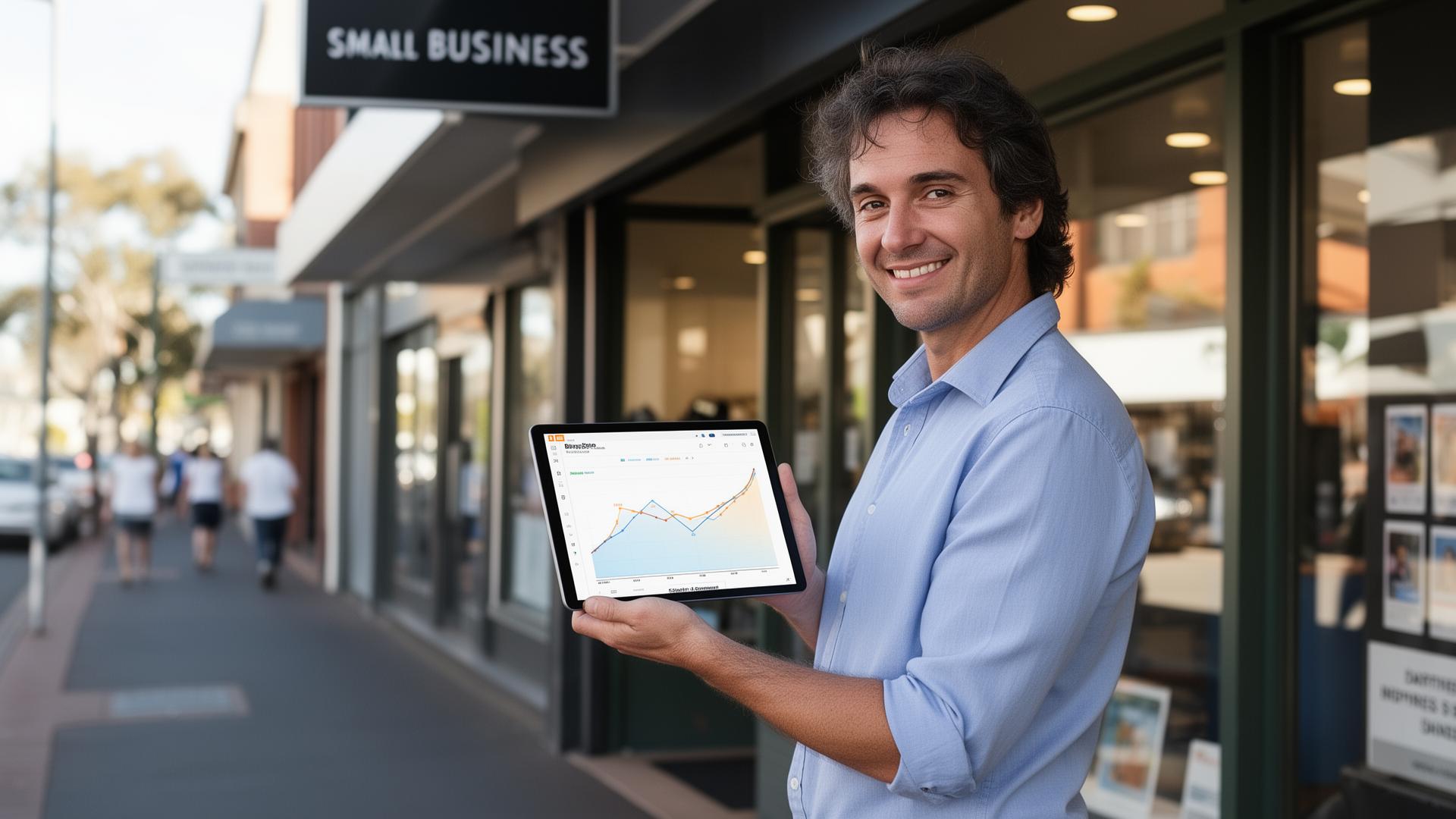 Australian small business owner outside a shopfront holding a tablet
