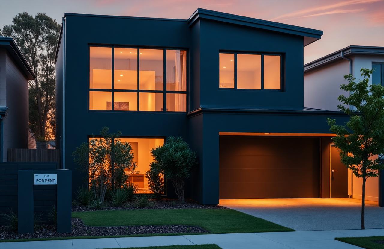 Modern Australian rental property at dusk with warm interior lights