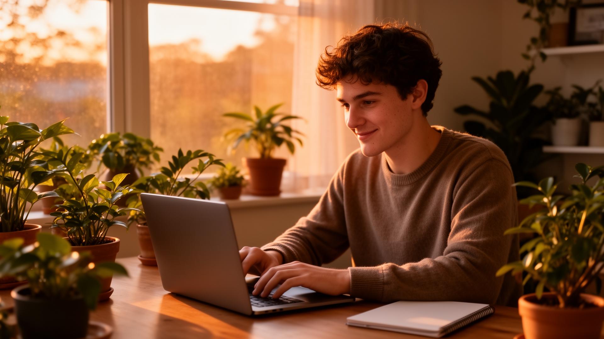 Young Australian working a side hustle from a home desk at sunset