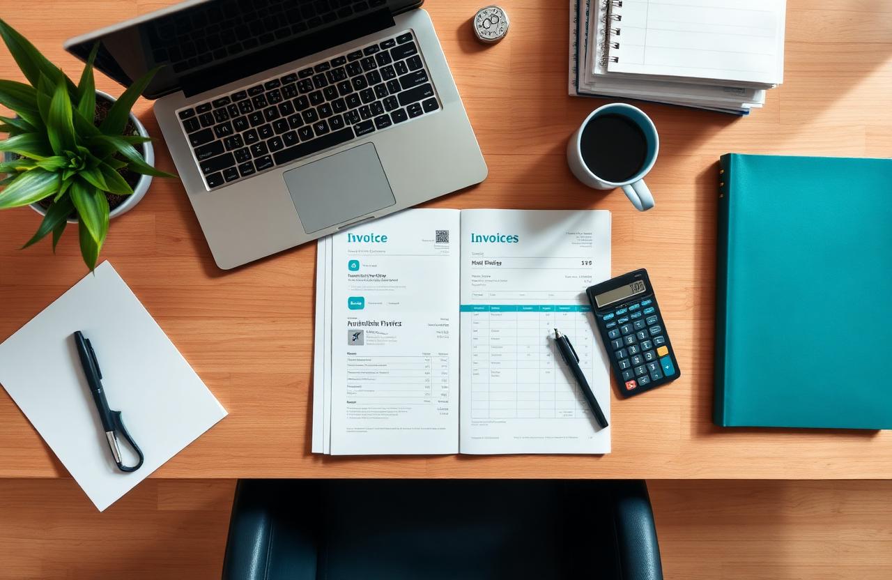 Flat-lay of a small business desk with laptop, invoices and calculator