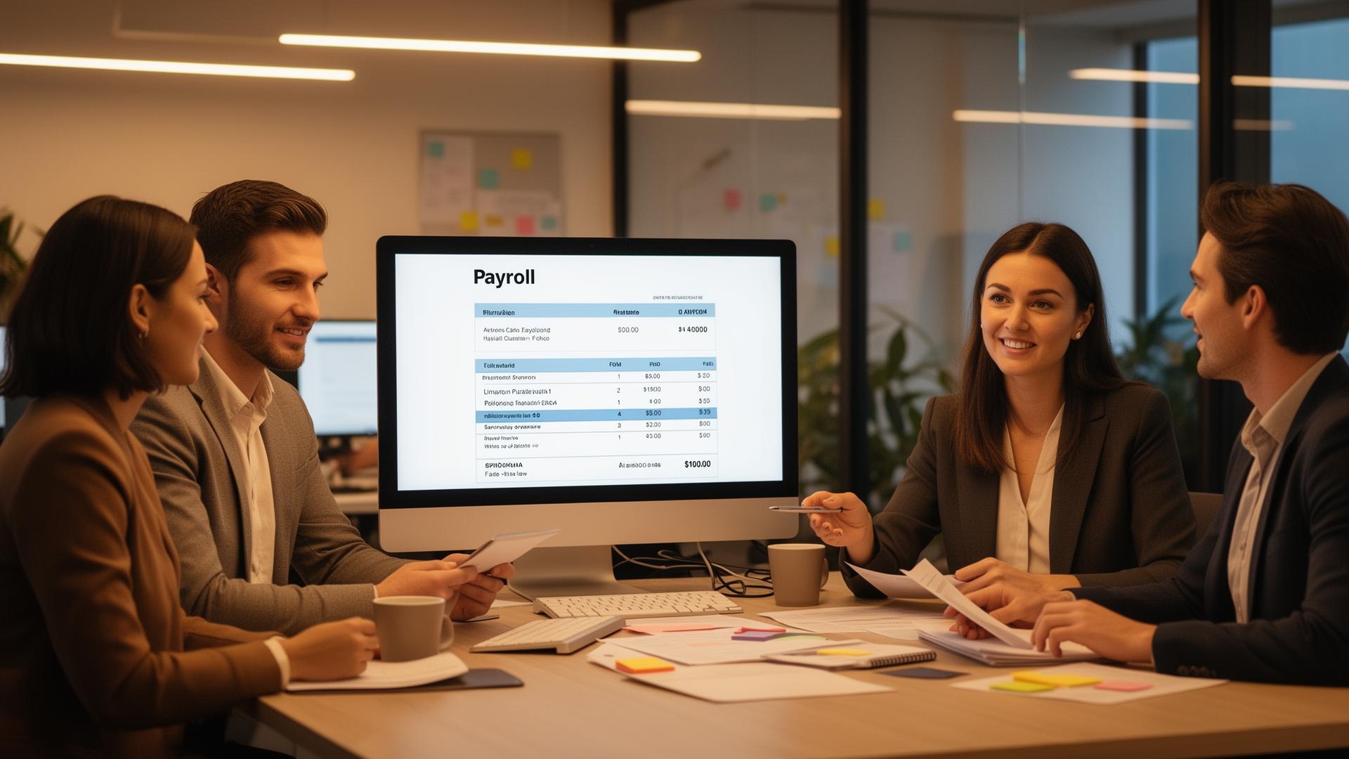 Team reviewing payroll data on a screen in a meeting room