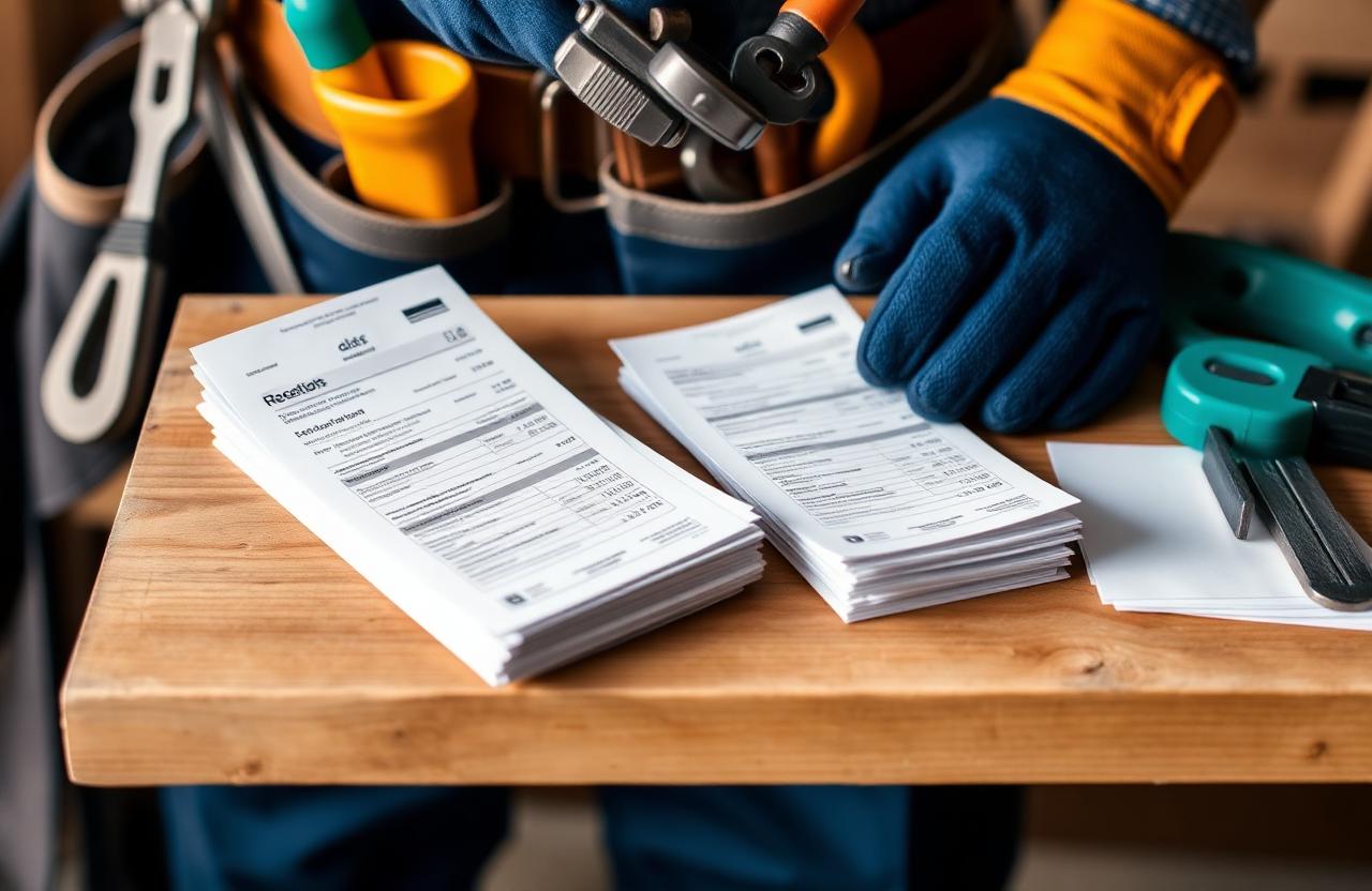 Stack of paper receipts on a tradesperson's workbench beside a tool belt